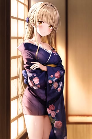 best quality, masterpiece, highres, 1girl,  Mahiru Shiina, intricate details, colorful kimono, hairpin, looking slightly shyly to the side, extremely detailed 8K wallpaper, an extremely delicate and beautiful, cinematic lighting, (off-shoulder,full_body,thigh: 1.1)