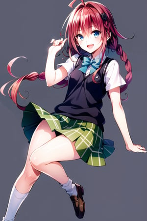 1girl, kurosaki meia, solo, long hair, school uniform, blue eyes, braid, skirt, very long hair, open mouth, red hair, sweater vest, smile, hair ornament, white background, socks, simple background, ahoge, full body, :d, loafers, pleated skirt, shoes, single braid, plaid skirt, looking at viewer