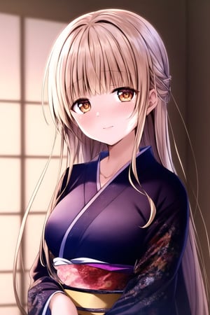 best quality, masterpiece, highres, 1girl,  Mahiru Shiina, intricate details, colorful kimono, hairpin, looking slightly shyly to the side, extremely detailed 8K wallpaper, an extremely delicate and beautiful, cinematic lighting, (Bare:2), full_body 