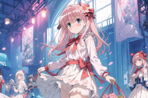 (masterpiece), (solo: 1.2), female_focus, smile, Sweet Lolita fashion, kawaii elements, lace and bow embellishments, pastel color palette (pink, blue, pale yellow), high-waisted silhouette, knee-length skirt, 'doll dress' style, lace-trimmed petticoat, adorable and innocent, Lolita fashion staple, (long hair: 1.2), hair flower, 1girl, (blush: 1.2), head tilt,nodoka haramura