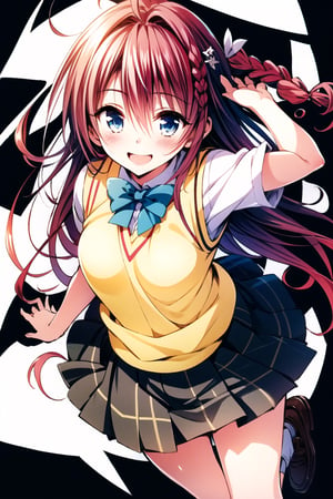 1girl, kurosaki meia, solo, long hair, school uniform, blue eyes, braid, skirt, very long hair, open mouth, red hair, sweater vest, smile, hair ornament, white background, socks, simple background, ahoge, full body, :d, loafers, pleated skirt, shoes, single braid, plaid skirt, looking at viewer