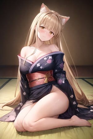 best quality, masterpiece, highres, 1girl,  Mahiru Shiina, intricate details, colorful kimono, hairpin, looking slightly shyly to the side, extremely detailed 8K wallpaper, an extremely delicate and beautiful, cinematic lighting, (off-shoulder,full_body,thigh,head_tilt,long_hair,cat ears: 1.1)