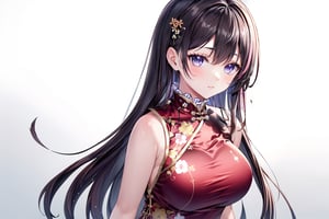Extreme detailed, (masterful), claraval, 1girl, solo, dress, standing, chinese clothes, china dress, qipao, simple background, modest