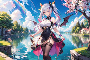 An 18-year-old girl, by the lake, with rainbow, long lilac hair, twin ponytails, long wavy hair, breastless dress, stockings, high heels, smiling, wings,