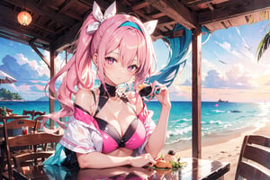 A 22-year-old girl with waist-length hair, wavy hair, side ponytail, on the beach, short sleeves, pink bikini, shawl, short skirt, off-shoulder, high heels, light blue long hair, pink long hair, Dining table, white bow headband,