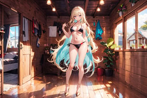 A 20-year-old girl with long wavy hair, knee-length hair, smiling, in a vacation cabin, black bikini, red bikini, gold bikini, lilac bikini, tulle shawl, stockings, high heels, lilac long hair, Long light blue hair, long light blonde hair, standing posture