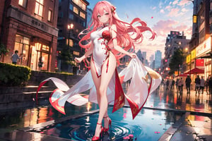 A 17-year-old girl with a smile, waist-long, wavy hair, a white, red and gold cheongsam, high heels, and long pink hair, in the Fountain Square,
