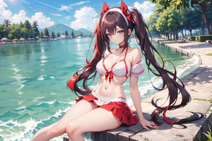 A 22-year-old girl with waist-length hair, wavy hair, twin tails, at the lakeside, short sleeves, white bikini, red bikini, short skirt, bare shoulders, high heels, red long hair, purple long hair, white long hair , white bow headband,