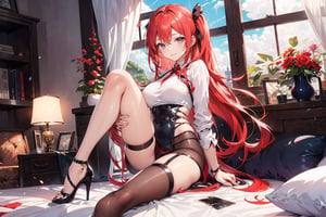 A 17-year-old girl with long light red hair, Lolita, in the room, stockings, high heels, the breeze blowing, smiling,