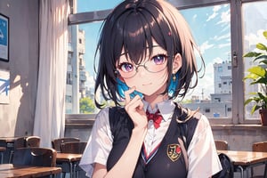 A serene oil painting captures the innocence of Takahashi Maya, a solo 1-girl protagonist, in her Kibito High School uniform, with short black hair and kawaii glasses. She wears an off-the-shoulder cardigan over a skirt, paired with a sweater vest, conveying a sense of modesty. Her embarrassed smile is framed by blush on her cheeks as she sits in a classroom background, her perfect hand anatomy and better hand pose drawing attention to the subtle details.