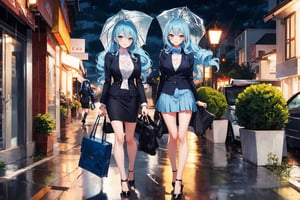Two 17-year-old girls, in the street, with long light blue hair, long wavy hair, business suits, short skirts, stockings, high heels, smiling, rainy day