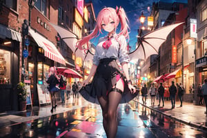 An 18-year-old girl, on the street, with long light pink hair, side ponytail, long wavy hair, breastless skirt, stockings, high heels, smiling, wings, drizzle,