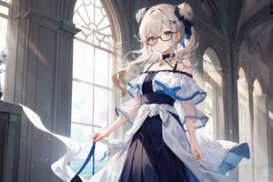 1 girl with glasses, a 20-year-old beautiful girl, dressed coolly, smiling, with a mole under her right eye, long wavy hair, shawl, side ponytail, bun, waist-length hair, gray and white Light brown two-tone long hair, floor-length skirt, light-colored short sleeves, off-shoulder, two white ghosts, the same color as the sea and the sky,,,,        