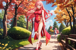 A 17-year-old girl with a smile, waist-long, wavy hair, white-red-gold cheongsam, high heels, and long pink hair, in Forest Park,