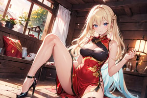 A 20-year-old girl with long wavy hair, knee-length hair, smiling, in a holiday cabin, black cheongsam, red cheongsam, gold cheongsam, lilac cheongsam, long skirt, tulle shawl, stockings, high heels, lilac Long hair, long light blue hair, long light blonde hair,