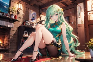 A 20-year-old girl with long wavy hair, knee-length hair, smiling, in a holiday cabin, black cheongsam, red cheongsam, gold cheongsam, lilac cheongsam, long skirt, tulle shawl, stockings, high heels, lilac Long hair, light blue long hair, light green long hair