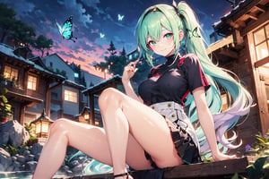 A 20-year-old girl with long wavy hair, knee-length hair, side ponytail, smiling, in a hot spring, short top, short sweater, short sleeves, short skirt, tulle shawl, stockings, high heels, long lilac hair , light blue long hair, light green long hair, butterfly hairband