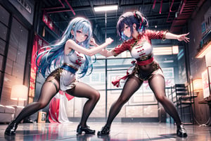 Generate an image of two individuals in a fighting each other other. One individual has blue hair and is dressed blue Chinese Martial Arts Uniform, while the other has red hair wearing red Chinese Martial Arts Uniform. Ensure that the AI accurately depicts a fighting scene between the two individuals, clearly showcasing the specified hair and clothing colors for each, (the two individuals they are hitting each other), full body, fighting, hitting, battle