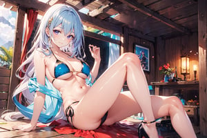 A 20-year-old girl with long wavy hair, knee-length hair, smiling, in a vacation cabin, black bikini, red bikini, gold bikini, lilac bikini, tulle shawl, stockings, high heels, lilac long hair, Long light blue hair, long light golden hair,