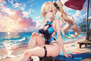 A 16-year-old girl, at the beach, with long light blond hair, side ponytail, long wavy hair, swimsuit, stockings, high heels, smiling, drizzling,