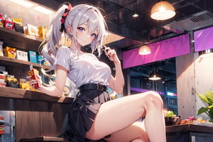 A 22-year-old girl with a smile, waist-long wavy hair, side ponytail, short top, shirt, skirt, stockings, high heels, lavender long hair, in the snack bar, wings