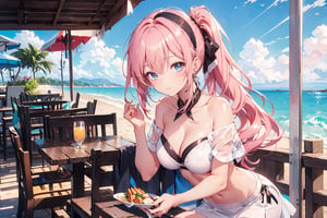 1 22-year-old girl, long hair above waist, wavy hair, side ponytail, at the beach, short sleeves, white bikini, shawl, short skirt, strapless, high heels, light blue long hair, pink long hair, dining table , black bow headband,