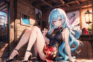 A 20-year-old girl with long wavy hair, knee-length hair, smiling, in a holiday cabin, black cheongsam, red cheongsam, gold cheongsam, lilac cheongsam, long skirt, tulle shawl, stockings, high heels, lilac Long hair, long light blue hair,