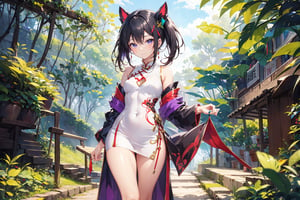 A young woman with knee-length black hair styled in loose waves, donning a vibrant purple and white cheongsam dress, stands confidently amidst a lush forest backdrop. Her long legs are adorned with stockings and high heels, adding an air of sophistication to her whimsical outfit. The gentle breeze rustles the leaves as she smiles sweetly, a small hairpin holding a stray strand in place.