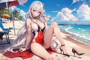 A 25-year-old girl at the beach, with long silver and wavy hair, a breastless evening dress, red stockings, high heels, and a necklace