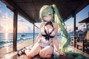 1 girl with glasses, 1 22-year-old girl, waist-long hair, knee-length hair, wavy hair, side ponytail, smiling, white dress, bikini, black pattern, sandals, mixed-color long hair, very long hair Long, light green hair, long gradient hair, exposed chest, at the beach, yacht,