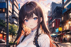 Captivating 8K masterpiece: A stunning young woman with long, luscious brown locks and bangs, donning a crisp white shirt with long sleeves and a flowing white dress, stands majestically outdoors during the day. The subject's gaze is cast upwards, her lips subtly smiling as she poses against a blurred tree backdrop, with a modern building in the distance. Soft, warm light illuminates her features, while the vibrant colors of the surroundings are accentuated by HDR technology.