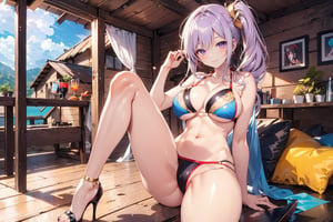 A 20-year-old girl with long wavy hair, knee-length hair, smiling, side ponytail, in a vacation cabin, black bikini, red bikini, gold bikini, lilac bikini, tulle shawl, stockings, high heels, lilac long hair,