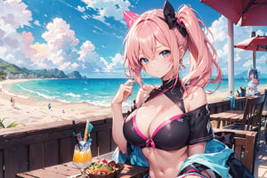 A 22-year-old girl with waist-length hair, wavy hair, side ponytail, at the beach, short sleeves, bikini, shawl, short skirt, off-shoulder, high heels, light blue long hair, pink long hair, dining table, Black bow headband,