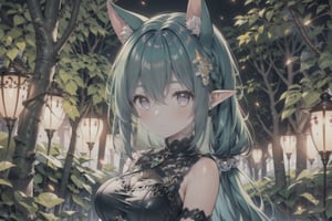 1girl,elf,elf_ears,green_hair,anime_hair,hairstyle,detailed eyes, forest, night, firefly, cowboy_shot,cute,cute style clothes,hair_accessories,accessories,aesthetic,