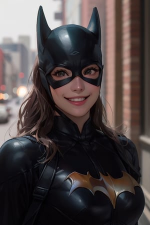 Batgirl, perfect symmetrical eyes, perfect face, smilng at camera.