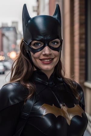 Batgirl, perfect symmetrical eyes, perfect face, smilng at camera.