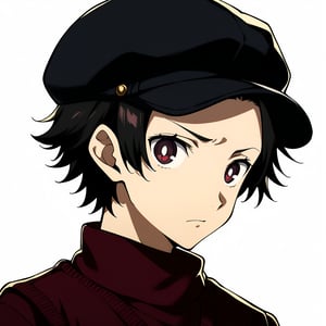 Score_9, score_8_up, score_7_up, source_anime, (masterpiece), best quality, expressive eyes, perfect face, ((1boy, solo)), ((black dress shirt, maroon sweater vest, newsboy cap)), ((short hair, single hair strand in the middle)), sanpaku eyes, small pupils, ((portrait shot)), white background, solid background, looking at the viewer, calm, relaxed, black hair, maroon eyes, sharp eyes, calm, relaxed