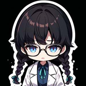 Score_9, score_8_up, score_7_up, source_anime, (masterpiece), best quality, expressive eyes, perfect face, ((white scientist coat, ribbon, long sleeves, glasses)), ((twin braids, low braids)), bangs, eye_half_opened, half-open eyes, ((portrait shot)), white background, solid background, long hair, looking at the viewer, black hair, solo, blue eyes, sharp eyes, empty eyes, calm, relaxed, 1girl, maplestory_style