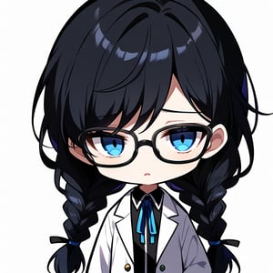 Score_9, score_8_up, score_7_up, source_anime, (masterpiece), best quality, expressive eyes, perfect face, ((white scientist coat, ribbon, long sleeves, glasses)), ((twin braids, low braids)), bangs, eye_half_opened, half-open eyes, ((portrait shot)), white background, solid background, long hair, looking at the viewer, black hair, solo, blue eyes, sharp eyes, empty eyes, calm, relaxed, 1girl, maplestory_style