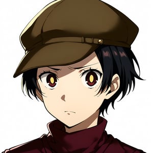 Score_9, score_8_up, score_7_up, source_anime, (masterpiece), best quality, expressive eyes, perfect face, ((1boy, solo)), ((black dress shirt, maroon sweater vest, newsboy cap)), ((short hair, single hair strand in the middle)), sanpaku eyes, small pupils, ((portrait shot)), white background, solid background, looking at the viewer, calm, relaxed, black hair, maroon eyes, sharp eyes, calm, relaxed