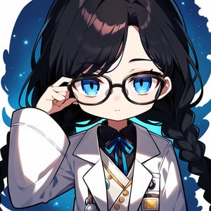 Score_9, score_8_up, score_7_up, source_anime, (masterpiece), best quality, expressive eyes, perfect face, ((white scientist coat, ribbon, long sleeves, glasses)), ((twin braids, low braids)), bangs, eye_half_opened, half-open eyes, ((portrait shot)), white background, solid background, long hair, looking at the viewer, black hair, solo, blue eyes, sharp eyes, empty eyes, calm, relaxed, 1girl, maplestory_style