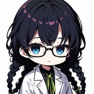 Score_9, score_8_up, score_7_up, source_anime, (masterpiece), best quality, expressive eyes, perfect face, ((white scientist coat, ribbon, long sleeves, glasses)), ((twin braids, low braids)), bangs, eye_half_opened, half-open eyes, ((portrait shot)), white background, solid background, long hair, looking at the viewer, black hair, solo, blue eyes, sharp eyes, empty eyes, calm, relaxed, 1girl, maplestory_style