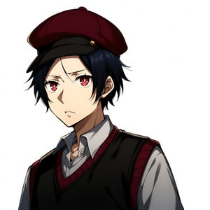 Score_9, score_8_up, score_7_up, source_anime, (masterpiece), best quality, expressive eyes, perfect face, ((1boy, solo)), ((black dress shirt, maroon sweater vest, newsboy cap)), ((short hair, single hair strand in the middle)), sanpaku eyes, small pupils, ((portrait shot)), white background, solid background, looking at the viewer, calm, relaxed, black hair, maroon eyes, sharp eyes, calm, relaxed