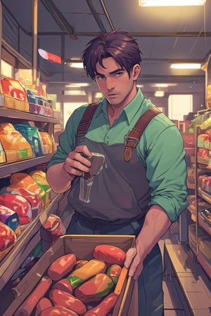 (realistic), his him he comes from the end of the isle inside the shop, shelves at the sides of scene, indoors daylight, my favorite best handsome manly (shane sdv) male person in excessively well-rendered symmetric real male head hair face eye skin, well-rendered fully-clothed, holding a cola can
BREAK
smooth digital art image, professional CG photographic illustration masterpiece, 8k, trending on Steam, acclaimed by CGSociety, associated press contest winner, we love stardew valley!