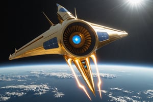 (Professional Epic Arnold Maya ActionVFX:1.2) scfi realistic real nebulae deepspace masterpiece of futuristic a spacejet which ignites its engine with a mythologyc sun stone and keeps swiftlingspacefaring propelled by solar wind:1.05, an elegant (tesseract-shaped golden spaceship made of light-semitranslucent-materials) with qvasi-solid turbine used for ignition and jetting and the described vessel there is a huge semi-translucent-golden-plastic-like enormous sail which captures solar wind to keep its trajectory through space:1.2, it leaves a gentle persistent golden shy glowing trace behind which can also be used as a path for similar jets for easily and faster optmized capture of solar wind:1.1, Elegance aligned with intelligent economic ecological spacefaring long-distance  jet for interplanetary human-like commutes and light commercial use:0.8, truly epic creative best deepspace with mastery engineering geometry astronomy astrophysics majesticindustrialdesign award-winning smooth intricate 64k best 3d cg realistic demonstration, hyper-realistic, ultra-realistic, futureal, majestic scifi, elagant rich inventive newest, best void-parallax semiotics, trending inside the fabric of universe, (post-futurism), requires the very best artist in the universe,