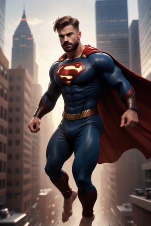 Jaeggernawt, the cinematic superhero, soars through the air, his muscular physique rippling beneath his well-rendered hero uniform. Brown short hair and facial hair flow behind him like a cape, as he gazes up at the blurred cityscape and zenith. Dramatic backlighting casts a heroic glow on his determined expression. In a dynamic side camera view, action-packed special effects rendered in (ActionVFX) swirl around him, immersing the viewer in a professional, realistic, colorful, and vibrant cinematic experience.