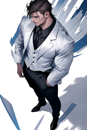 Shawn, a masculine English man with muscular build, stands confidently from above view. He wears a rendered formal shirt with open jacket and formal pants, paired with large shoes. Against an abstract office background, he gazes up at the viewer, his full body dynamic pose radiating energy. Illustration style focuses on his character, accompanied by scribbled text and symbols that add to the overall composition.