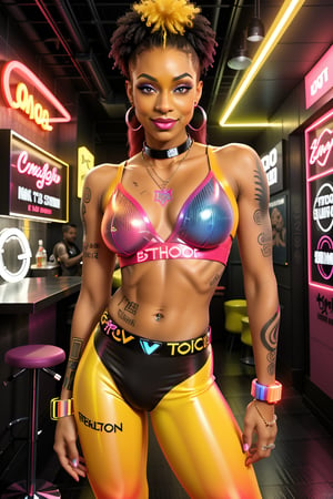 Prodigy stands confidently inside the aphro-futuristic tattoo parlour, her dark matte skin glowing with a modern sheen. Her colored afro hair styled to perfection, yellow lipstick adding a bold pop of color. She proudly displays her new holographic neon arm tattoo, its vibrant colors contrasting beautifully against her skin. The mini-top and chav pants accentuate her physique, while the trendy venue's posters, mirrors, and tattoo objects create a striking backdrop, illuminated by majestic (ActionVFX):1.2's holographic effects.