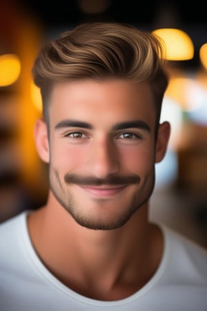  (masterpiece, only realistic, best quality), absurdperfect professional clear clean smooth sharp focus photo of a handsome masculine man called ollie in style, (undercut hairstyle), stylish pencil mustache,   (inside the shop),  studio lighting, exceptional professional dynamic original new newest portrait, uhd, incredibly absurdres, symmetry is excellent, vibrant, colorful, joyful, realism,