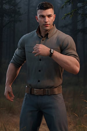 (masterpiece, only realistic, very adequate decent quality:1.3), my favorite image of a professional well-shaped real jovial healthy  happy man standing while roleplaying as masculine handsome (David King from \(Dead by Daylight realistic game\) on road in (DODGE THIS BODY MOVEMENT:1.3) in front of trees, symmetry is excellent, lighting bolts in 16k, bending trees in 8k, glowing wristwatch in 4k, (rendered in ZBrush HIGH), wearing well-rendered fully clothed manlywear, professional smooth clear lean intricate CG unit wallpaper, a digital art thriller movie screencap trending on CGSociety 9, inspired by batman body movement, strong sense of zombie forest and DC Comics,inspired by Arthur Adams, hdr, ((ActionVFX best) HIGH HIGH HIGH), highres image scan, softglow effect, we love veryvibrant matte colors, associated press, centrefold, no crop, , {SURROGATE THE INSANE ACTION DYNAMIC SELECTIVE FOCUS ZAP MOVE WHILE KEEPING PERFECTLY_SHAPED HANDS AND FINGERS PLEASE with realistic movement!}
